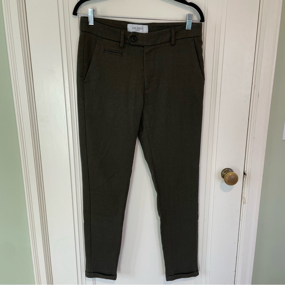 Les Deux Como Herringbone Suit Pants in Olive Green‎ 28x30 Slim Fit